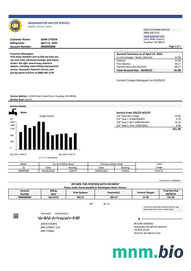USA Washington Water Service rachunek za media szablon w formacie Word i PDF